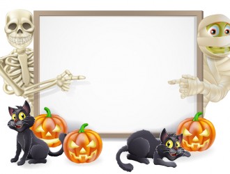 Halloween scheletro, mummia, gatti, zucche – skeleton, mummy, cats, pumpkins banner