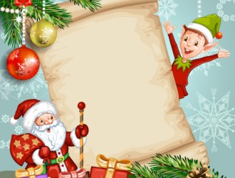 Babbo Natale, elfo, pergamena, regali, palline – Santa Claus, elf, parchment, gifts, Christmas balls