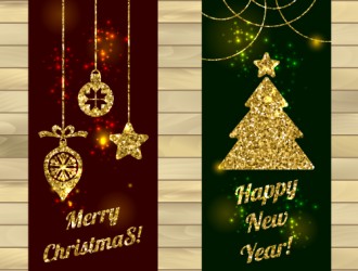 2 banner dorati Natale – Merry Christmas, Happy New Year gold  banner